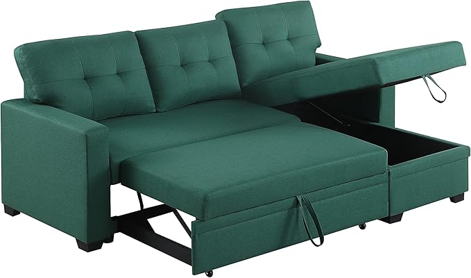 82 Inch Convertible L Shaped Sleeper Sectional Sofa Linen with Storage Chaise, Pull Out Bed,Reversible Corner Couch Design, 82inch, Green - LeafyLoom