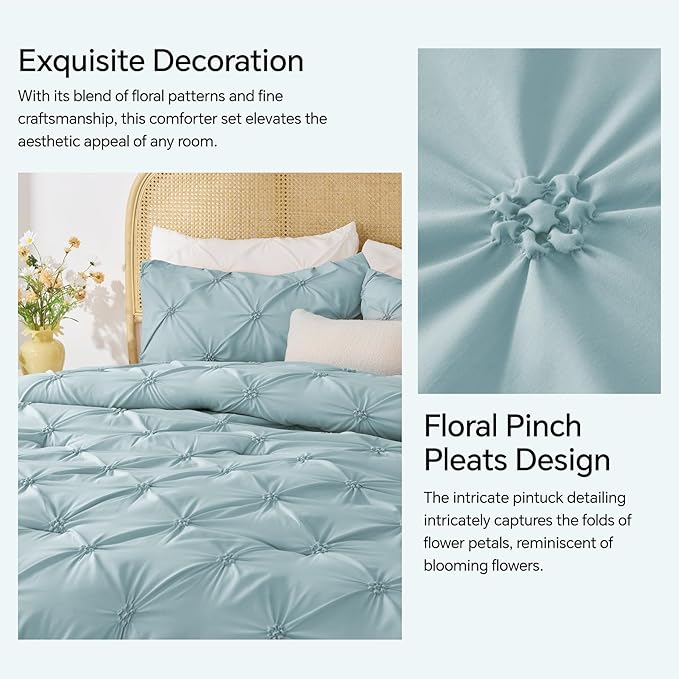 BEDELITE Light Blue Twin Comforter Set for Girls - 2 Peices Boho Pintuck Bedding Comforter Sets, Lightweight Soft & Warm Twin Bedding Sets with 1 Pillowcase for All Season - LeafyLoom