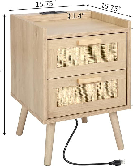 Finnhomy Nightstand with Charging Station, Bedside Table with 2 Hand Made Rattan Decorated Drawers, Night Stand with Storage for Bedroom, Natural - LeafyLoom