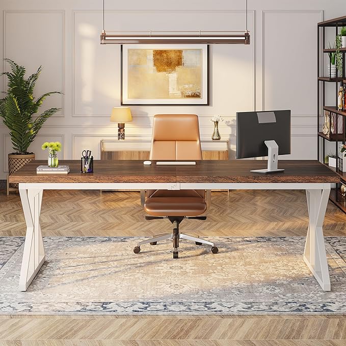 Tribesigns 78.7-Inch Executive Desk, Large Computer Office Desk Workstation, Modern Simple Style Laptop Desk Study Writing Table Business Furniture for Home Office (Rustic Brown/White, 78.7 Inch) - LeafyLoom