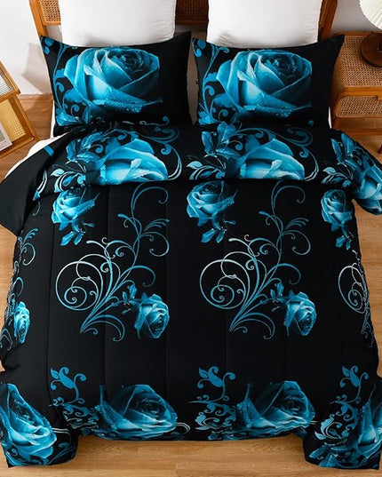 WONGS BEDDING Teal Blue Comforter Set King Reversible Teal Blue Rose Pattern Printed Bedding Comforter Set with 2 Pillowcases for All Season, Soft Microfiber Filling Bedding Set 103"x90" - LeafyLoom