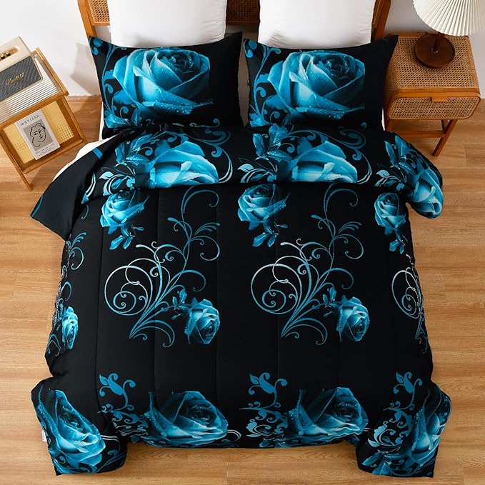 WONGS BEDDING Teal Blue Comforter Set King Reversible Teal Blue Rose Pattern Printed Bedding Comforter Set with 2 Pillowcases for All Season, Soft Microfiber Filling Bedding Set 103"x90" - LeafyLoom