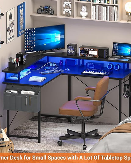 armocity L Shaped Computer Desk with Power Outlets, Small Gaming Desk L Shaped with LED Lights, 40 Inch Corner Desk with Storage Shelves, Work Study Desk for Bedroom, Home Office Small Spaces, Black - LeafyLoom