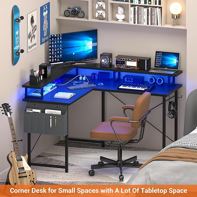 armocity L Shaped Computer Desk with Power Outlets, Small Gaming Desk L Shaped with LED Lights, 40 Inch Corner Desk with Storage Shelves, Work Study Desk for Bedroom, Home Office Small Spaces, Black - LeafyLoom