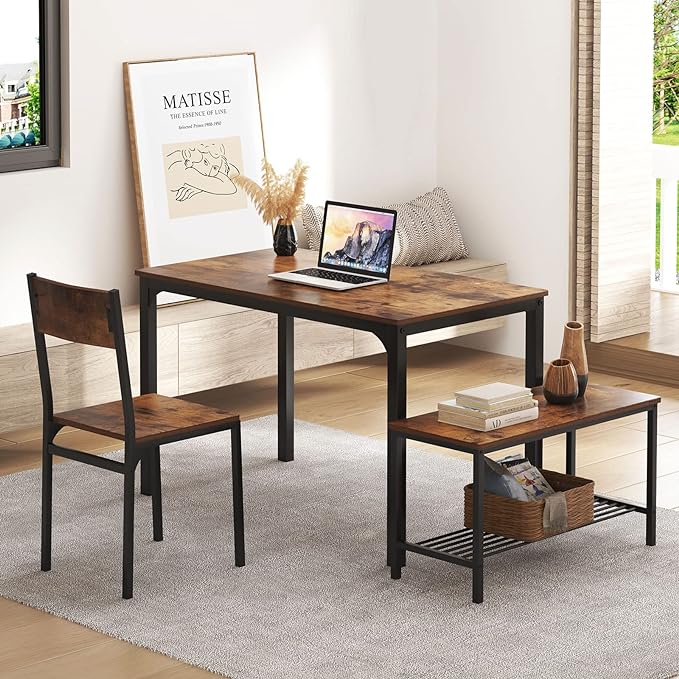 soges 4 Person Dining Table Set, 43.3inch Kitchen Table Set for 4, Dining Room 2 Chairs with Backrest, 2-Person Bench with Storage Rack, Vintage Brown - LeafyLoom