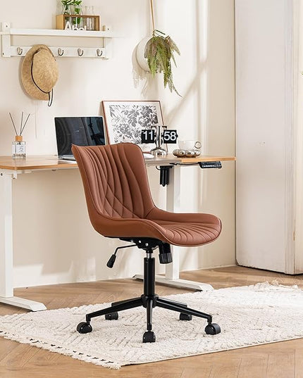 YOUTASTE Coffee Brown Office Chair Modern Armless Desk Chair with Wheels Adjustable Swivel Rocking Rolling Computer Study Chairs Faux Leather Sewing Chairs with Back Stylish Vanity Chair - LeafyLoom