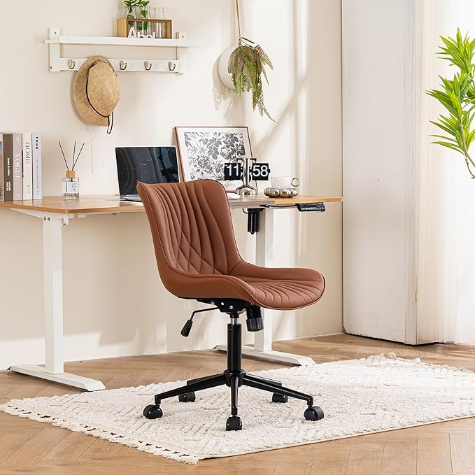 YOUTASTE Coffee Brown Office Chair Modern Armless Desk Chair with Wheels Adjustable Swivel Rocking Rolling Computer Study Chairs Faux Leather Sewing Chairs with Back Stylish Vanity Chair - LeafyLoom