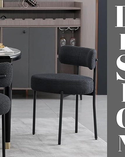 DYHOME Black Dining Chairs Set of 2, Mid-Century Modern Dining Chairs, Kitchen Dining Room Chairs, Curved Backrest Round Upholstered Boucle Sherpa Dining Chair with Black Metal Legs - LeafyLoom