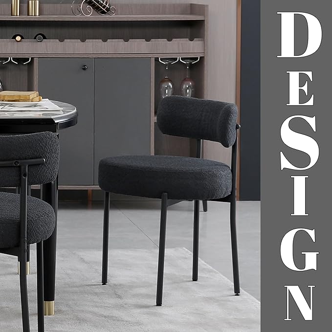 DYHOME Black Dining Chairs Set of 2, Mid-Century Modern Dining Chairs, Kitchen Dining Room Chairs, Curved Backrest Round Upholstered Boucle Sherpa Dining Chair with Black Metal Legs - LeafyLoom