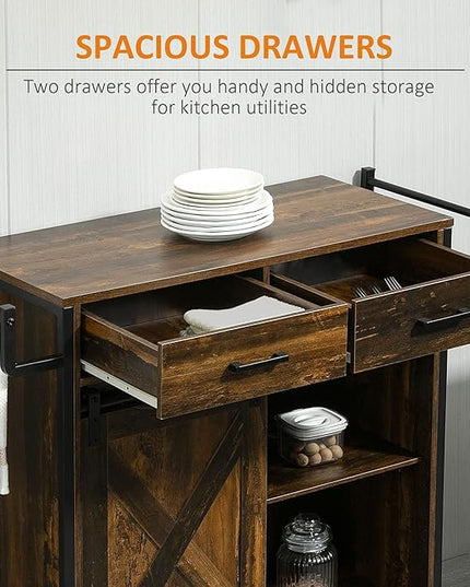 HOMCOM Industrial Kitchen Cart, Rolling Kitchen Island with Adjustable Shelf, Two Drawers, Sliding Barn Door Cabinet and Towel Rack, Rustic Brown - LeafyLoom