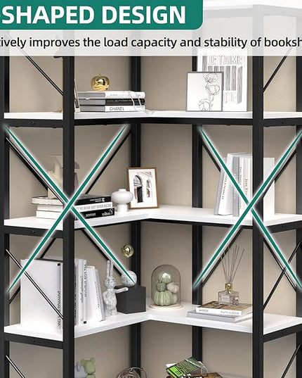 YITAHOME Corner Bookshelf, 5-Tier L-Shaped Bookcase Storage Organizer, Tall Open Display Freestanding Storage Rack Modern Book Shelf for Living Room, Bedroom, Home Office, White - LeafyLoom