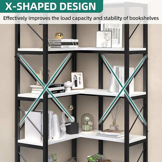 YITAHOME Corner Bookshelf, 5-Tier L-Shaped Bookcase Storage Organizer, Tall Open Display Freestanding Storage Rack Modern Book Shelf for Living Room, Bedroom, Home Office, White - LeafyLoom