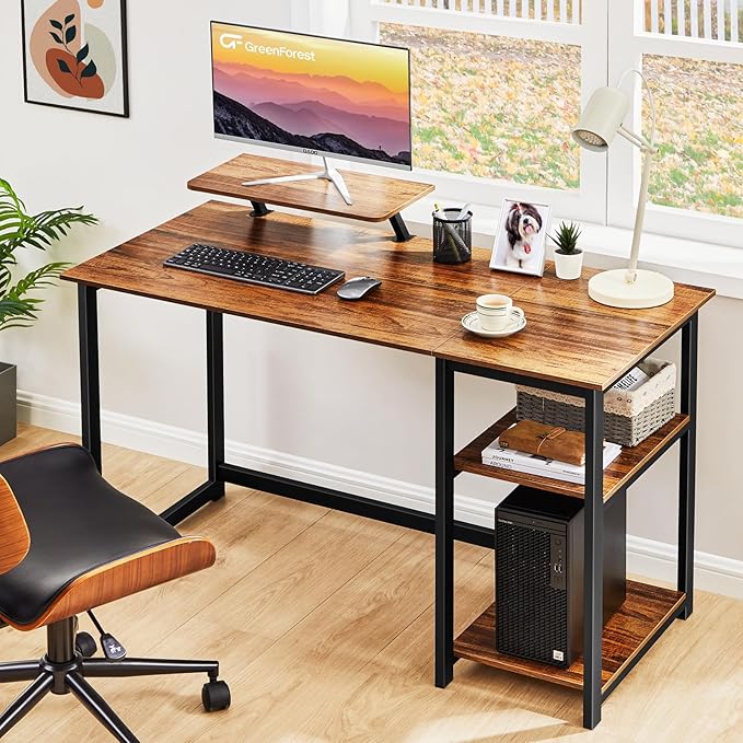 GreenForest Computer Desk with Monitor Stand,39 inch Small Desk with Reversible Storage Shelve,Home Office Work Desk for Small Spaces,Easy Assembly,Walnut - LeafyLoom