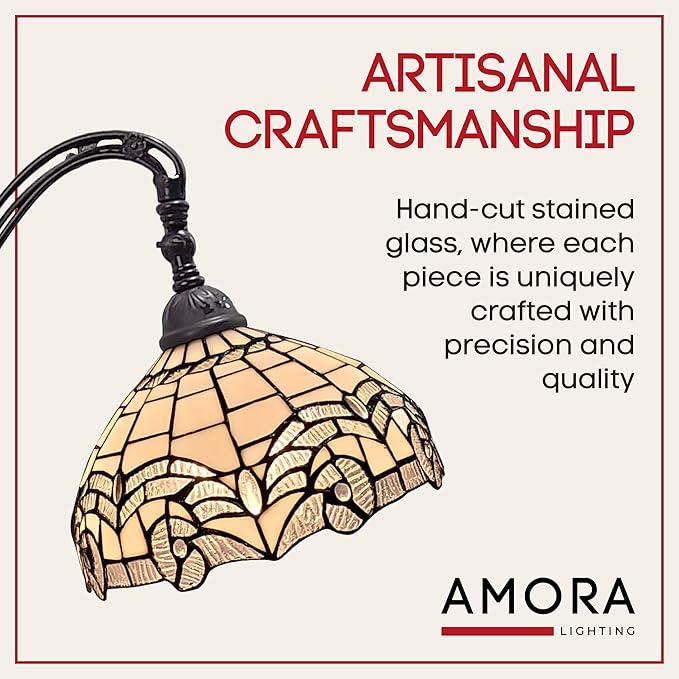 Amora Tiffany Floor Lamp - Arched, Stained Glass 62” - Traditional White Mahogany with Foot Switch Operation and Adjustable Lamp Shade - Custom Handcrafted Floor Lamps for Living Room - LeafyLoom