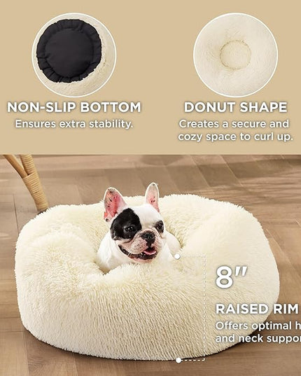 Bedsure Calming Dog Bed for Small Dogs - Donut Washable Small Pet Bed, Round Anti-Slip Fluffy Plush Faux Fur Large Cat Bed, Fits up to 25 lbs Pets, Oat Milk, 23 inches BEDSURE