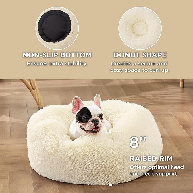 Bedsure Calming Dog Bed for Small Dogs - Donut Washable Small Pet Bed, Round Anti-Slip Fluffy Plush Faux Fur Large Cat Bed, Fits up to 25 lbs Pets, Oat Milk, 23 inches BEDSURE