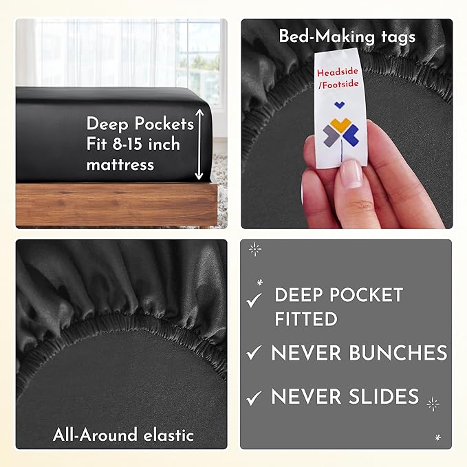 California Design Den Softest 100% Cotton Sheets, Twin XL Sheets Set, 3 Pieces, 400 Thread Count Sateen, Dorm Rooms & Adults, Deep Pocket Sheets, Cooling Sheets (Black) - LeafyLoom