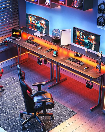 MOTPK Small Gaming Desk with LED Lights & Power Outlets, 39 Inch Computer Desk Gaming Table with Monitor Shelf, Gamer Desk with Carbon Fiber Texture, Kids Boys Desk Gift for Men - LeafyLoom