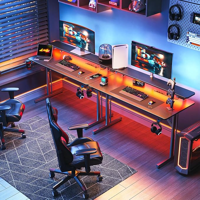 MOTPK Small Gaming Desk with LED Lights & Power Outlets, 39 Inch Computer Desk Gaming Table with Monitor Shelf, Gamer Desk with Carbon Fiber Texture, Kids Boys Desk Gift for Men - LeafyLoom