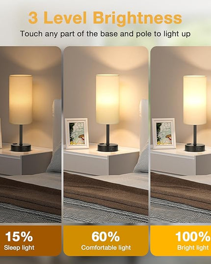 White Bedroom Lamps Set of 2-3 Way Dimmable Touch Table Lamps with USB C and A Ports, Bedside Lamps for Nightstand with AC Outlet, Small Desk Lamps with Black Base for Office Hotel - LeafyLoom