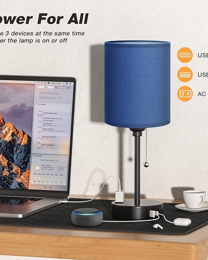 Blue Table Lamps 3 Color Temperatures - 2700K 3500K 5000K Bedside Lamps with USB C and A Ports, Pull Chain Lamps for Bedrooms with AC Outlet, Nightstand Lamps with Black Metal Base for Kids Boys - LeafyLoom