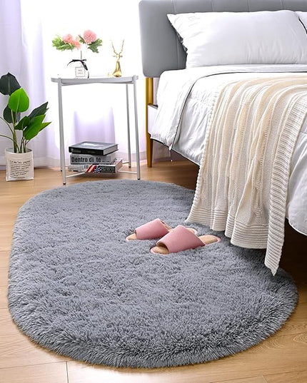 Merelax Soft Shaggy Rug for Kids Bedroom, Oval 2.6 x5.3 ft Grey Plush Fluffy Carpets for Living Room, Furry Carpet for Teen Girls Room, Anti-skid Fuzzy Comfy Rug for Nursery Decor Cute Baby Play Mat - LeafyLoom