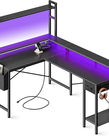 L Shaped Desk Computer Desk with LED Lights & Power Outlets, Gaming Desk with Storage Shelves, Corner Desk Home Office Desks for Bedroom, Carbon Fiber Black - LeafyLoom