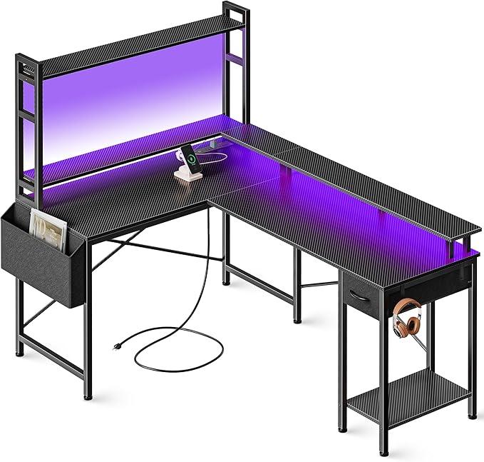 L Shaped Desk Computer Desk with LED Lights & Power Outlets, Gaming Desk with Storage Shelves, Corner Desk Home Office Desks for Bedroom, Carbon Fiber Black - LeafyLoom