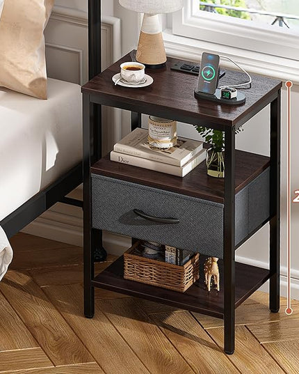 SUPERJARE Nightstand Set of 2, Bed Side Tables with Charging Station, Adjustable Fabric Drawer, Night Stand for Bedroom, 3-Tier Storage End Tables, Walnut - LeafyLoom