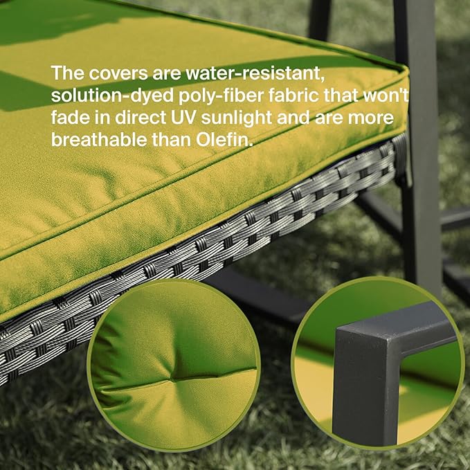 3 Piece Rocking Bistro Set - Synthetic Wicker Outdoor Furniture - Glass Coffee Table with 2 Chairs for Balcony, Patio & Porch - Black Metal, Soft Cushions (Green) - LeafyLoom