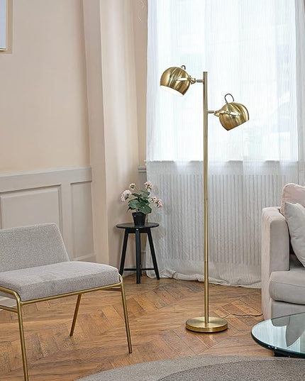 Globe Electric 67515 61" 2-Light Floor, Matte, Adjustable Lamp Heads, in-Line On Off Foot Switch, Miles (Brass) - LeafyLoom