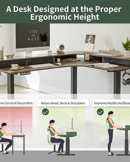 FEZIBO Triple Motor 63" L Shaped Standing Desk with 3 Drawers, Electric Gaming Desk Adjustable Height, Corner Stand up Desk with Splice Board, Black Frame/Black Walnut Top - LeafyLoom