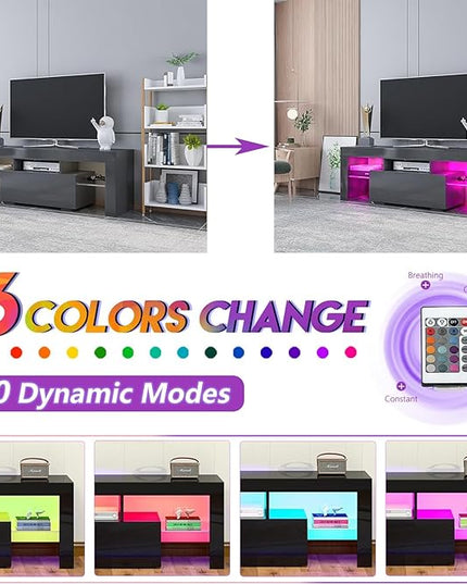 HOUAGI LED TV Stand for Televisions up to 55 Inchs,Modern Entertainment Center with Storage Drawer and Glass shelf, TV Console Table for Living room,Bedroom,Black - LeafyLoom
