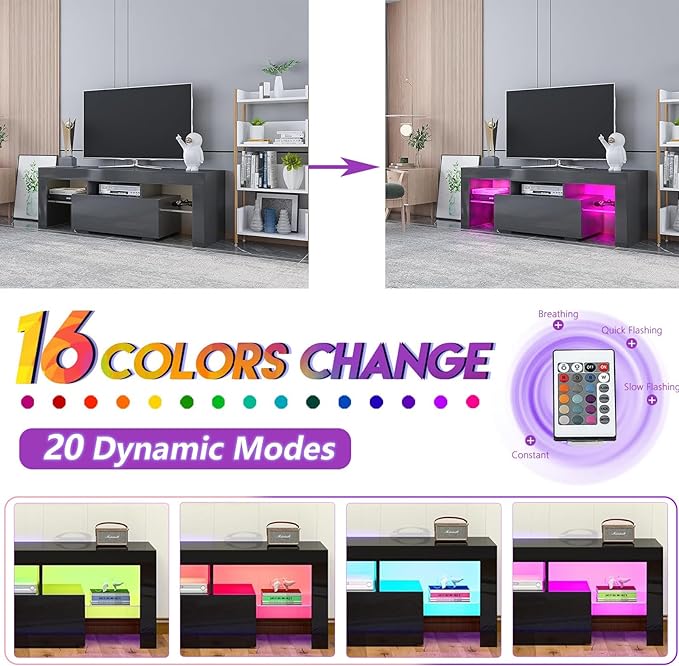 HOUAGI LED TV Stand for Televisions up to 55 Inchs,Modern Entertainment Center with Storage Drawer and Glass shelf, TV Console Table for Living room,Bedroom,Black - LeafyLoom