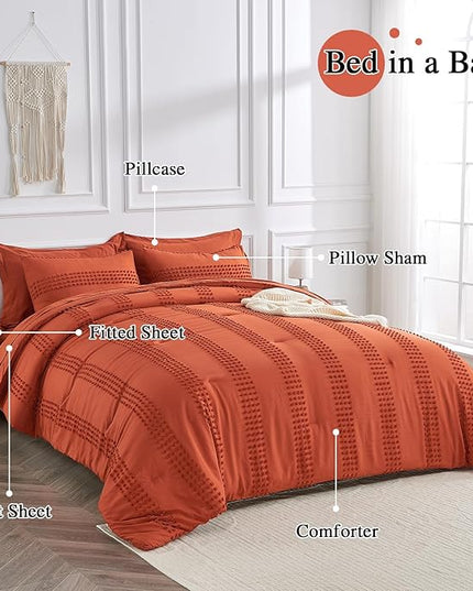 ENJOHOS Twin Comforter Set with Sheets - 5 Pc Twin Bed in A Bag Set, Burnt Orange Twin Size Bedding Comforter Sets, Boho Tufted Comforter with Pom, Lightweight Soft Microfiber Comforter Bed Set - LeafyLoom