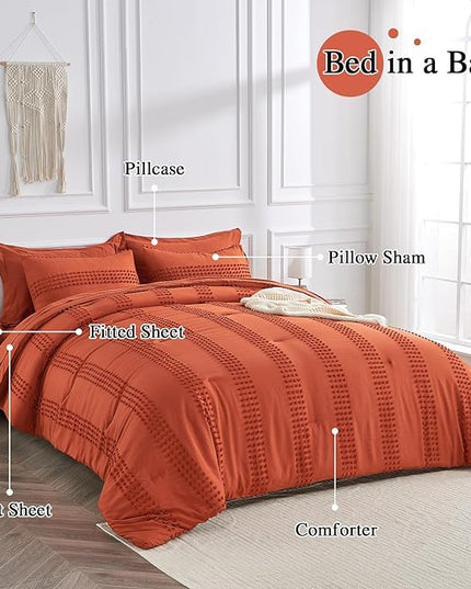 ENJOHOS Queen Comforter Set 7 Piece - Burnt Orange Comforters Queen Size, Queen Bed in a Bag Set, Boho Tufted Bedding Comforter Set with Pom, Lightweight Soft Microfiber Comforter Bed Set - LeafyLoom