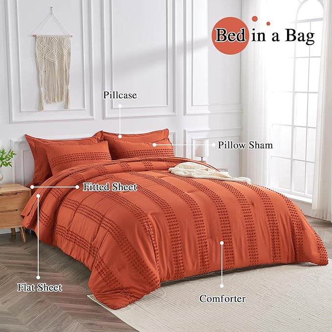 ENJOHOS Queen Comforter Set 7 Piece - Burnt Orange Comforters Queen Size, Queen Bed in a Bag Set, Boho Tufted Bedding Comforter Set with Pom, Lightweight Soft Microfiber Comforter Bed Set - LeafyLoom