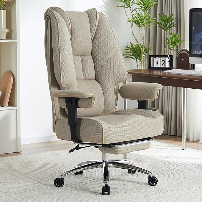 Big and Tall Office Chair 400lbs Wide Seat, Mesh High Back Executive Office Chair with Foot Rest, Ergonomic Office Chair Lumbar Support for Lower Back Pain Relief (Mesh Dark Beige) - LeafyLoom
