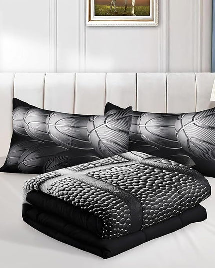 Basketball Comforter Sets,6 PCS Basketball Bedding Set for Boys,Kids Comforter Sets for Boys,Twin Black and Grey Comforter Sets for Boys,Bed in A Bag with Sheets(Twin-6 Pieces) - LeafyLoom