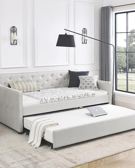 Upholstered Twin Size Daybed with Twin Trundle, Solid Wood Sofa Bed w/Button Tufted Backrest and Waved Shape Arms, for Kids, Living Room, Bedroom, Dorm, No Box Spring Needed, Beige - LeafyLoom