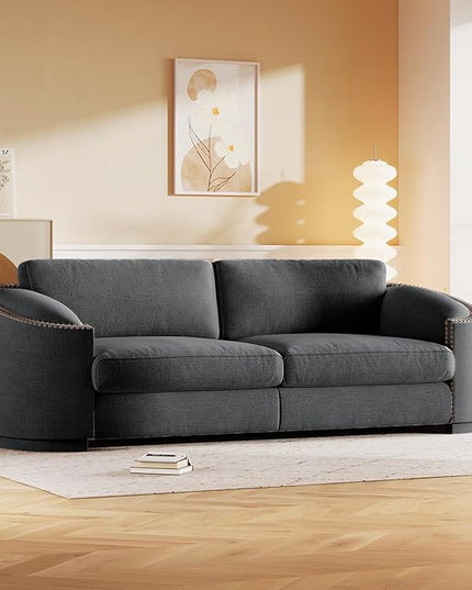 Morden Stylish 3-Seat Upholstered Couch Linen Fabric Nailhead Decor Sofa&Couch with Thicker Cushions and Armrests for Home Office Apartment Living Room, 91", Gray-337 - LeafyLoom