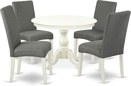 East West Furniture Hartland 5 Piece Room Set includes a Round Kitchen Table with Pedestal and 4 Gray Linen Fabric Parson Dining Chairs, 42x42 Inch, HBDR5-LWH-07 - LeafyLoom