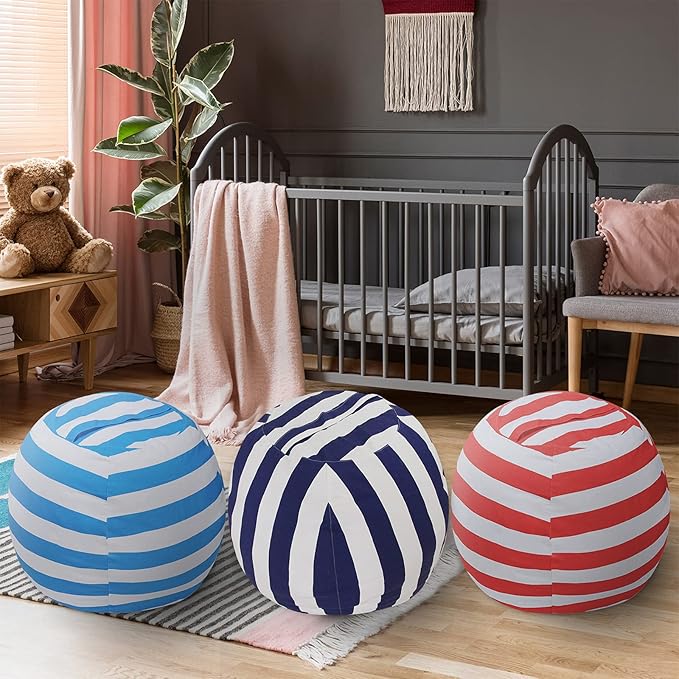 2 PCS Stuffed Animal Storage Bean Bag Chair Cover, Cotton Canvas Beanbag with Zipper for Organizing Kid's and Adults Room Vertical Stripe Blue 24" - LeafyLoom