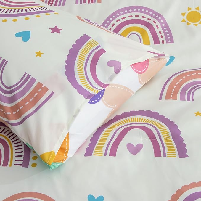 Btargot Lightweight Soft 3 Piece Rainbow Comforter Set with 2 Pillow Covers, Cartoon Love Hearts Suns and Stars Bedding Set for Girls Boys Kids, Queen Purple - LeafyLoom