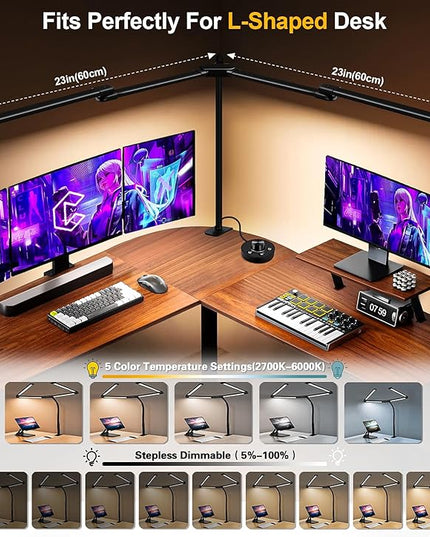 LED Desk Lamp for Home Office, 24W Bright Office Desk Lamp with Desktop Dimmer, 46" Multi-screen Computer Monitor Architect Clamp Desk Light, Color and Dimming LED Table Light for Work Study - LeafyLoom