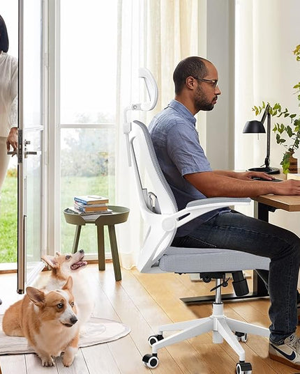 Office Chair 350LBS Capacity,Ergonomic Comfy Home Desk Chair,High Back Gaming Chair with Wheels,Mesh Computer Chair,Lumbar Support, Adjustable Headrest,Flip-up Armrest - LeafyLoom