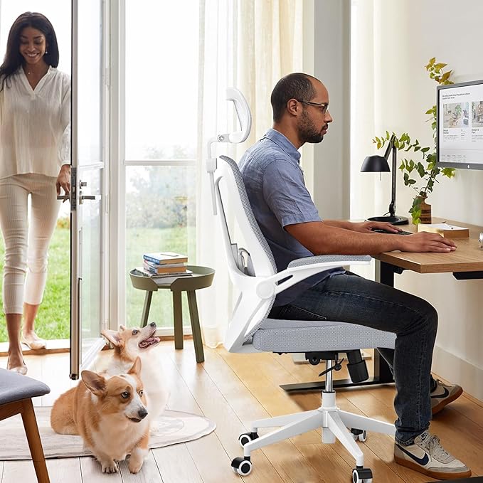 Office Chair 350LBS Capacity,Ergonomic Comfy Home Desk Chair,High Back Gaming Chair with Wheels,Mesh Computer Chair,Lumbar Support, Adjustable Headrest,Flip-up Armrest - LeafyLoom