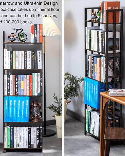 COPREE 5 Tier Bookshelf, Bamboo Space-Saving Tall Book Shelves,Walnut-Colored Freestanding Narrow Book Rack Organizer Shelving Unit Storage for Small Space, Living Room, Bedroom and Office - LeafyLoom