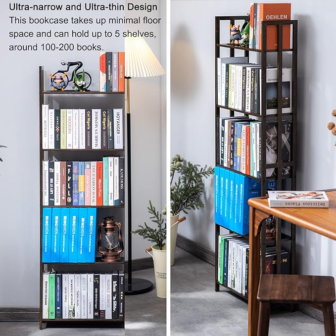 COPREE 5 Tier Bookshelf, Bamboo Space-Saving Tall Book Shelves,Walnut-Colored Freestanding Narrow Book Rack Organizer Shelving Unit Storage for Small Space, Living Room, Bedroom and Office - LeafyLoom