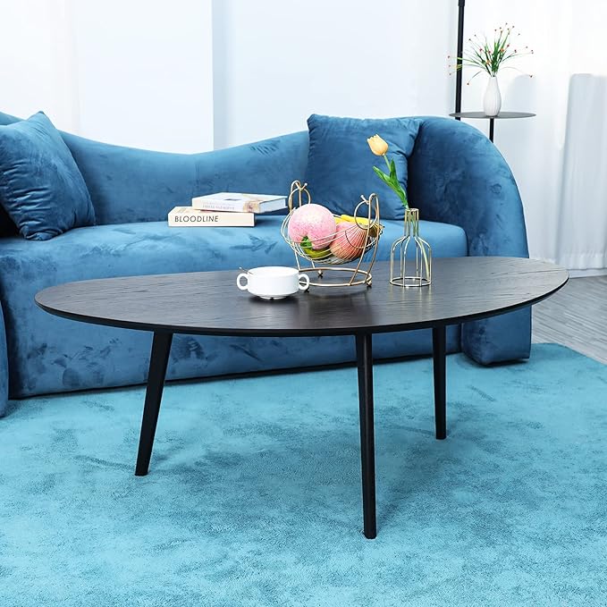 FIRMINANA Mid Century Modern Coffee Table,Large Oval Black Coffee Table for Living Room,Oval Small Mangotop Black Coffee Table for Small Spaces,Black-47.3" W x23.63 D x 17.72" H - LeafyLoom